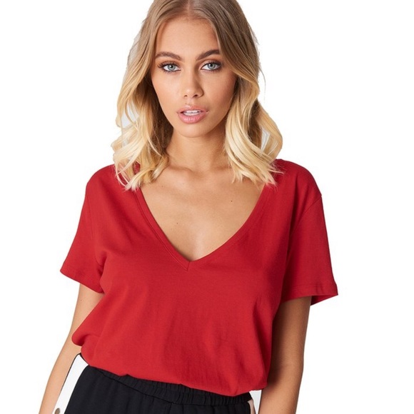 Red V-Neck Cotton Oversized Loose Fit T-Shirt - Picture 2 of 5